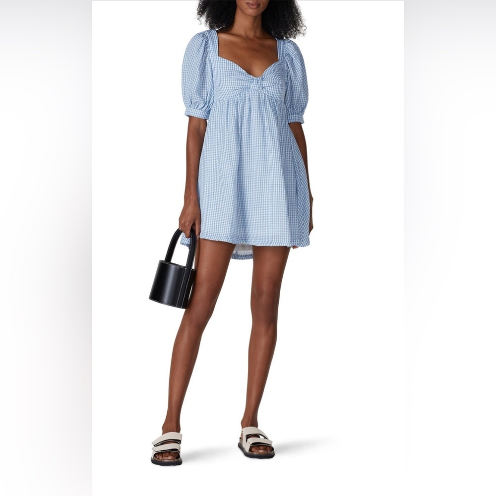 Blue Gingham Women's Mini Dress puff sleeve 100% cotton size medium